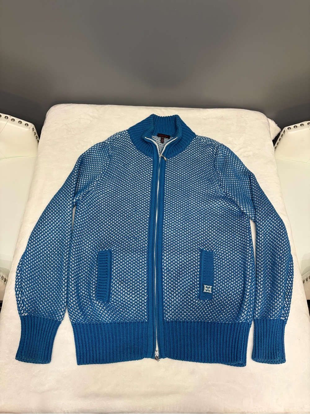 ESCADA Silk Cotton Knit Zip Up Cardigan Sweater VTG Blue White Unisex Luxury 42M